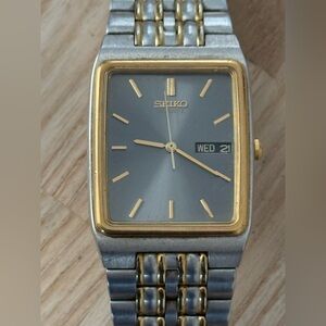 Seiko Rare Vintage Tank Watch Rectangular Gray Dial Two-Tone Case Bracelet Date